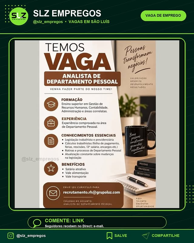 Analista de Departamento Pessoal Pessoas Transfermam Negocits